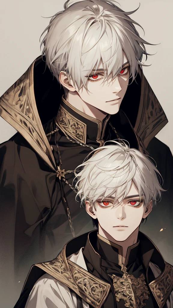 (extreamly delicate and beautiful:1.2), 8K,(шедевр:1.0),(best_quality:1.0), 1boy, and intricate detailing, Enlarged textures, and intricate detailing, finely eye and detailed face, and intricate detailing, black medieval outfit, ruinscape background, (closed mouths),long white hair, Perfect eyes, red eyes, Equal eyes, (A male god)