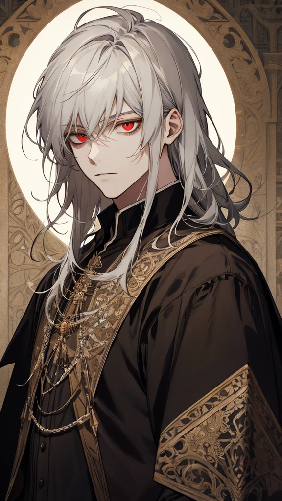 (extreamly delicate and beautiful:1.2), 8K,(шедевр:1.0),(best_quality:1.0), 1boy, and intricate detailing, Enlarged textures, and intricate detailing, finely eye and detailed face, and intricate detailing, black medieval outfit, ruinscape background, (closed mouths),long white hair, Perfect eyes, red eyes, Equal eyes, (A male god)