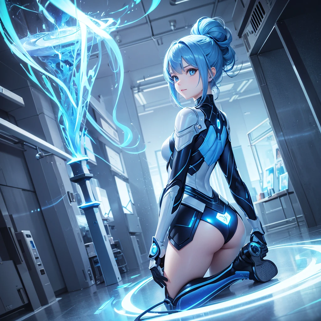 8K, Highest quality, (real:1.4), Original photo, 1 girl, Asari Hair, Biological Amplifier, Very sleek and futuristic armor, posture: Peace talks between warring factions,,attention arousal, smart blue eyes,A modest smile,Knee-high boots,Patent-look blue tights,Blue big moon and blue light swirl in the background,Blue light from behind,blue light magic,A small, glowing blue ball in the palm of your hand,Blue flame swirl,Blue Comet,Polished floor,