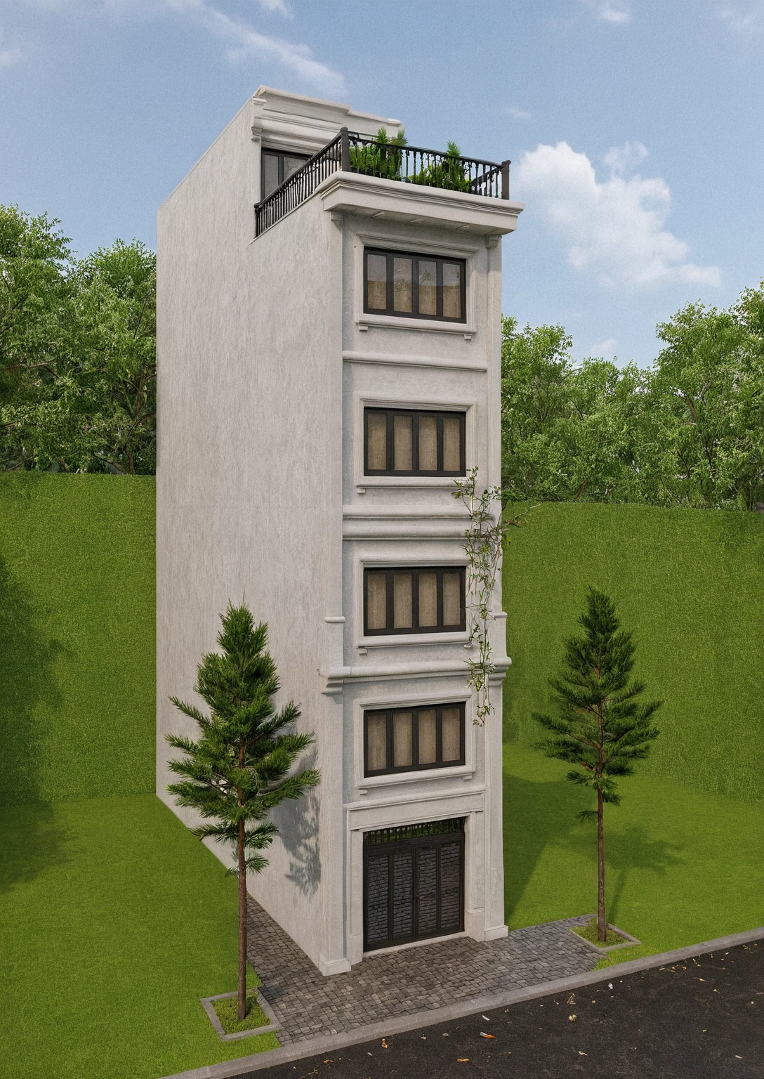Raw photo,Masterpiece, high quality, best quality, authentic, super detail,
exterior, outdoors, house style indochine on the street ,aiaigroup
road,pavement, grass, trees, sky, cloud, (day:1.1)