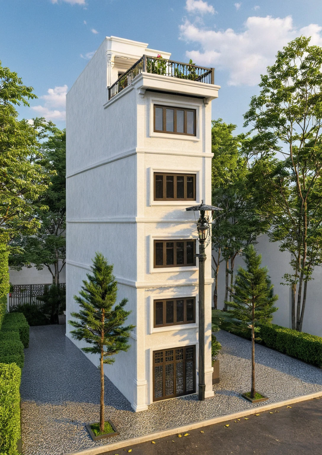 Raw photo,Masterpiece, high quality, best quality, authentic, super detail,
exterior, outdoors, house style indochine on the street ,aiaigroup
road,pavement, grass, trees, sky, cloud, (day:1.1)