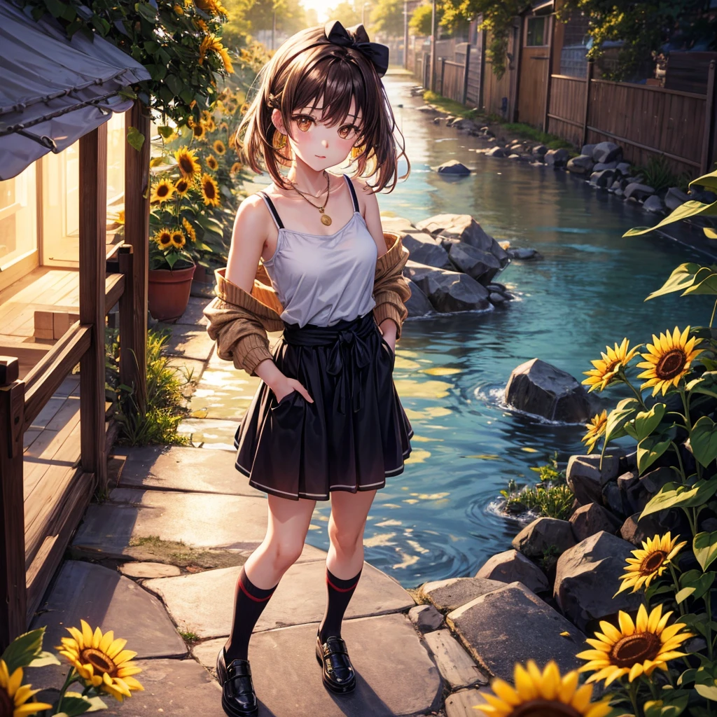 Red, brown, gold, gold hair、Golden Eyes、Hair tied up、One good looking girl、solo、anime、Checkered mini skirt、Ruffles on the skirt、camisole、camisole、Lightweight cardigan、Black knee-high socks、Wearing a baseball cap、Ribbon、Ribbon on waist、Teeth are visible、Sunset sky、Cumulonimbus、Silver coin necklace、shine、From above、Sparks are flying、tunnel、Cobblestones、Hands in pockets、waterfall、Clear Stream、Sunflower field、Have sunflowers、Midnight Moon