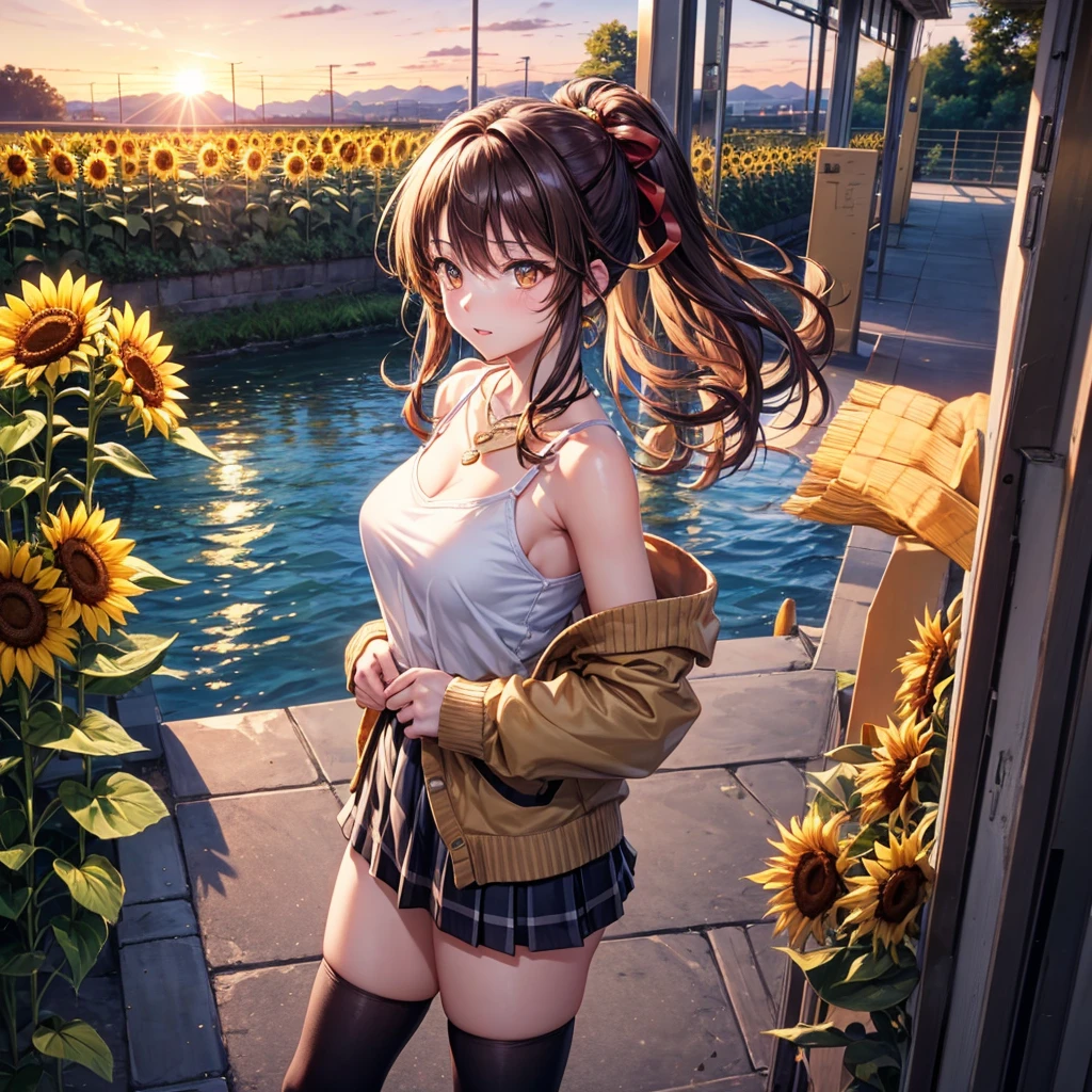 Red, brown, gold, gold hair、Golden Eyes、Hair tied up、One good looking girl、solo、anime、Checkered mini skirt、Ruffles on the skirt、camisole、camisole、Lightweight cardigan、Black knee-high socks、Wearing a baseball cap、Ribbon、Ribbon on waist、Teeth are visible、Sunset sky、Cumulonimbus、Silver coin necklace、shine、From above、Sparks are flying、tunnel、Cobblestones、Hands in pockets、waterfall、Clear Stream、Sunflower field、Have sunflowers、Midnight Moon