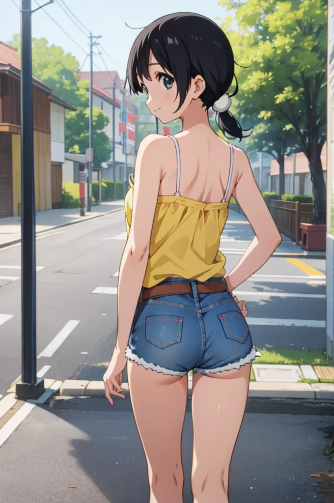  solo, 1girl, tamako kitashirakawa, , looking at viewer, smile, ,,outdoor,socks,camisole,denim shorts,((ass)),from back,high leg shorts