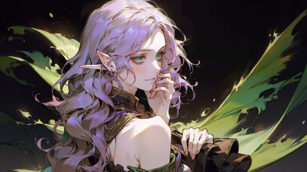 A beautiful, elegant girl with purple hair, green eyes and pale skin. Her hair is long and curly, she has two pretty tufts on the sides. She is an elf girl. elf ears. (slight smile). black background. she's using her cell phone