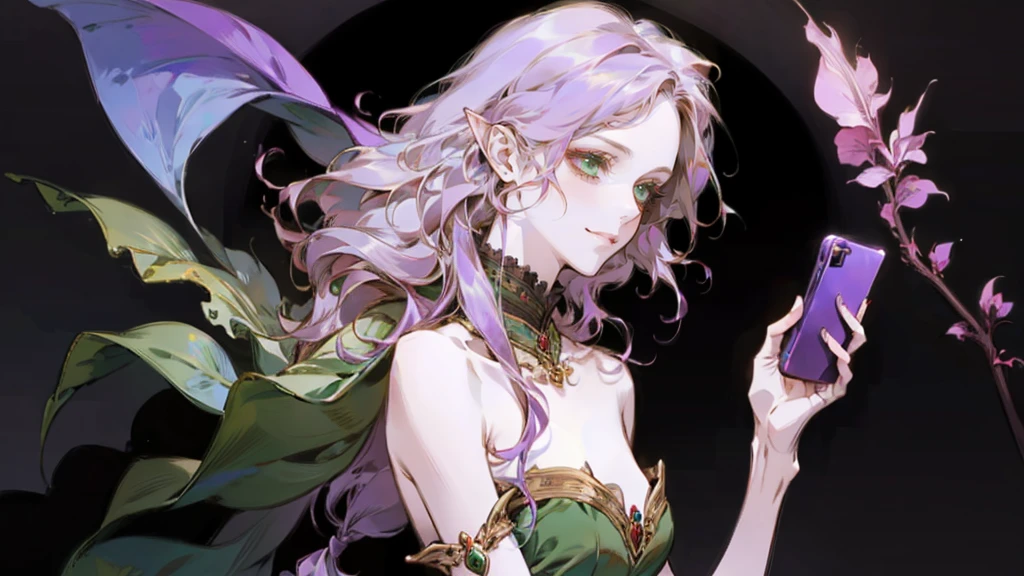 A beautiful, elegant girl with purple hair, green eyes and pale skin. Her hair is long and curly, she has two pretty tufts on the sides. She is an elf girl. elf ears. (slight smile). black background. she's using her cell phone