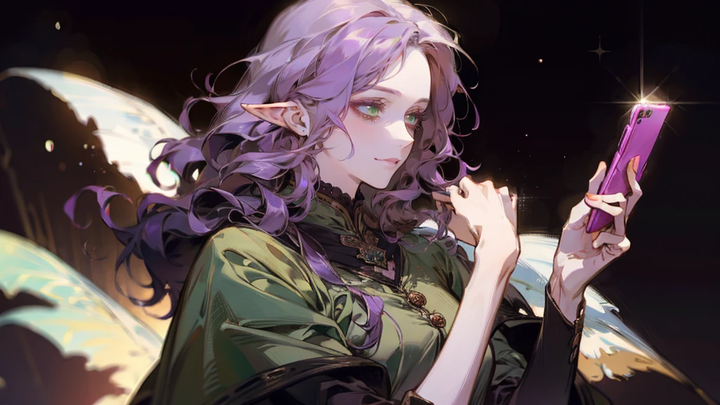 A beautiful, elegant girl with purple hair, green eyes and pale skin. Her hair is long and curly, she has two pretty tufts on the sides. She is an elf girl. elf ears. (slight smile). black background. she's using her cell phone