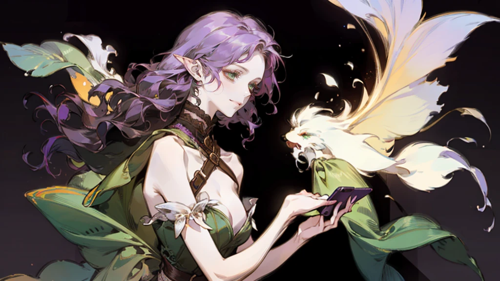 A beautiful, elegant girl with purple hair, green eyes and pale skin. Her hair is long and curly, she has two pretty tufts on the sides. She is an elf girl. elf ears. (slight smile). black background. she's using her cell phone