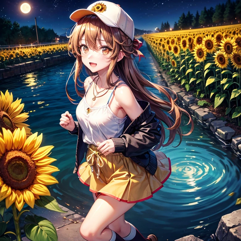 Red, brown, gold, gold hair、Golden Eyes、Hair tied up、One good looking girl、solo、anime、Checkered mini skirt、Ruffles on the skirt、camisole、camisole、Lightweight cardigan、Black knee-high socks、Wearing a baseball cap、Ribbon、Ribbon on waist、Teeth are visible、Sunset sky、Cumulonimbus、Silver coin necklace、shine、From above、Sparks are flying、tunnel、Cobblestones、Hands in pockets、waterfall、Clear Stream、Sunflower field、Have sunflowers、Midnight Moon