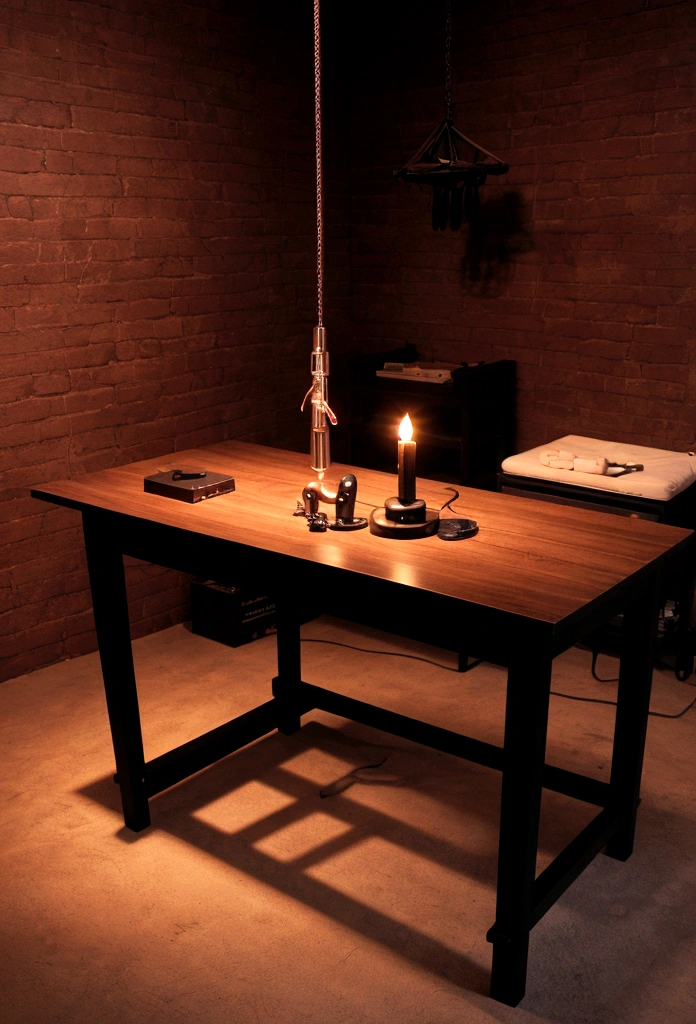 A central table in a BDSM studio with a selection of erotic toys, including vibrators of different shapes and sizes, small whips, and restraints, all illuminated by a soft, sensual light.