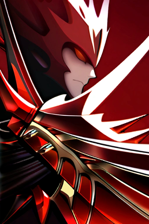 Male Devil, red hair, red and black clothing, red background, red bladed broadsword with golden handle,