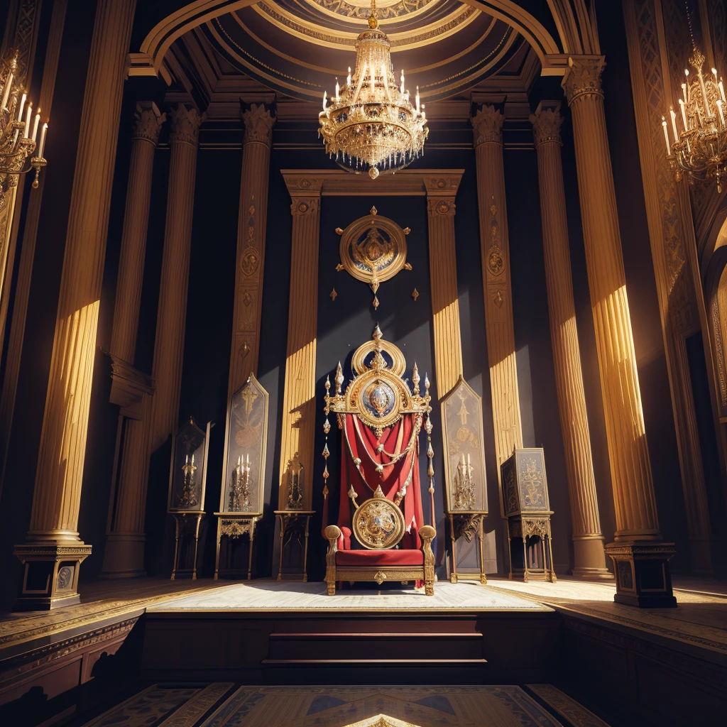 Depict a grand medieval throne room with an imposing, ornately decorated empty throne at its center. The hall should exude an air of regal splendor and ancient history, with banners, tapestries, and chandeliers adding to the majestic ambiance. The emptiness of the throne should evoke a sense of mystery and anticipation, suggesting a kingdom in waiting."