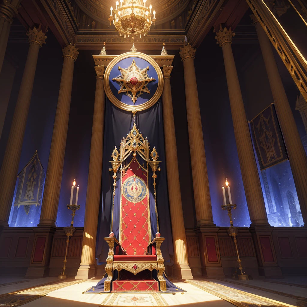 Depict a grand medieval throne room with an imposing, ornately decorated empty throne at its center. The hall should exude an air of regal splendor and ancient history, with banners, tapestries, and chandeliers adding to the majestic ambiance. The emptiness of the throne should evoke a sense of mystery and anticipation, suggesting a kingdom in waiting."