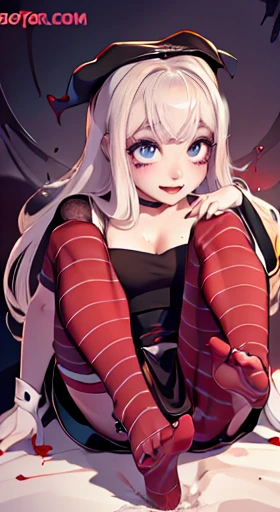 table, 超High resolution, ultra detailed, Beautiful body, amazing eyes, white-skinned, Red lips, red blush, tender look, enchantress, amazing face, The Amazing Mavis Dracula, realistic, black dress,  striped socks , Beautiful, Perfect body, striped thigh,  (At Your Feet:1.2)fool, smiling, пухлые Red lips. heavy makeup, liquid dripping. blushing, long tongue, Red cheeks, wide eyes, big eyes.