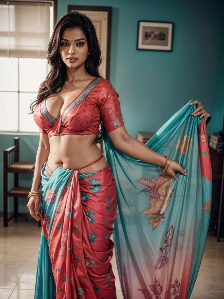 Hot and sexy woman, gigantic breast , cleavage,wore stylish and design hot and sexy Teal and Coral saree (printed design) , standing in hall, standing & model pose, beautiful body, potrait photography, masterpiece, ultra realistic,detailed,16k , Film type light, camera angle front, looking at viewer