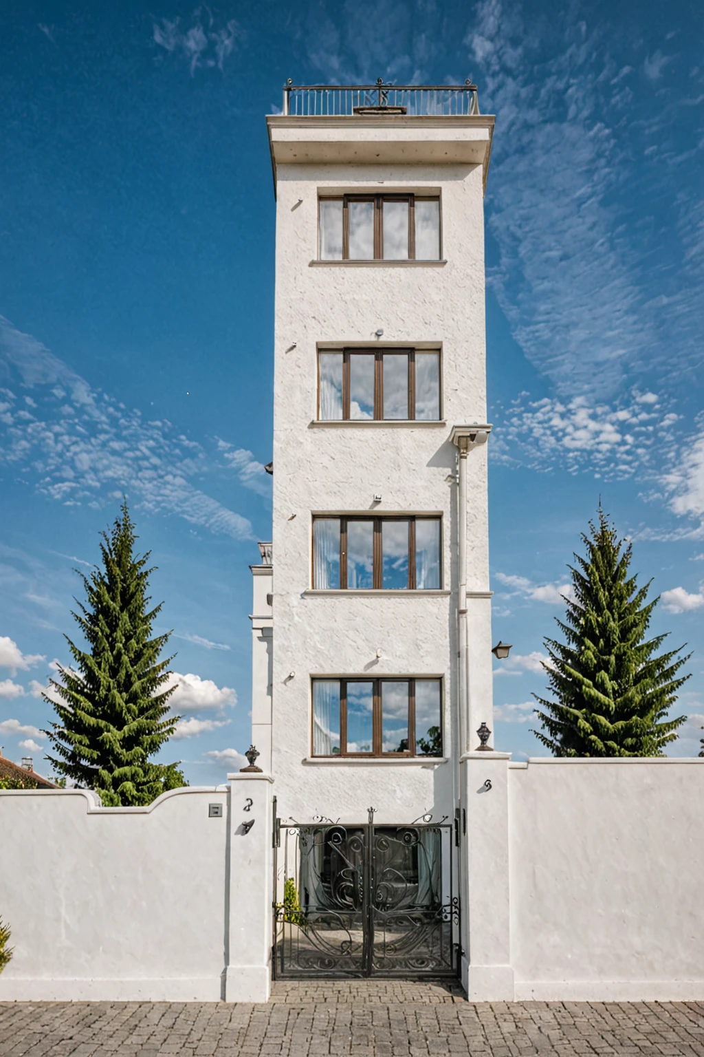 Raw photo,Masterpiece, high quality, best quality, authentic, super detail,
outdoors, house style modern,bietthuhn, white wall, glass windows, gate
road,pavement, grass, trees, sky, cloud, (day:1.1),