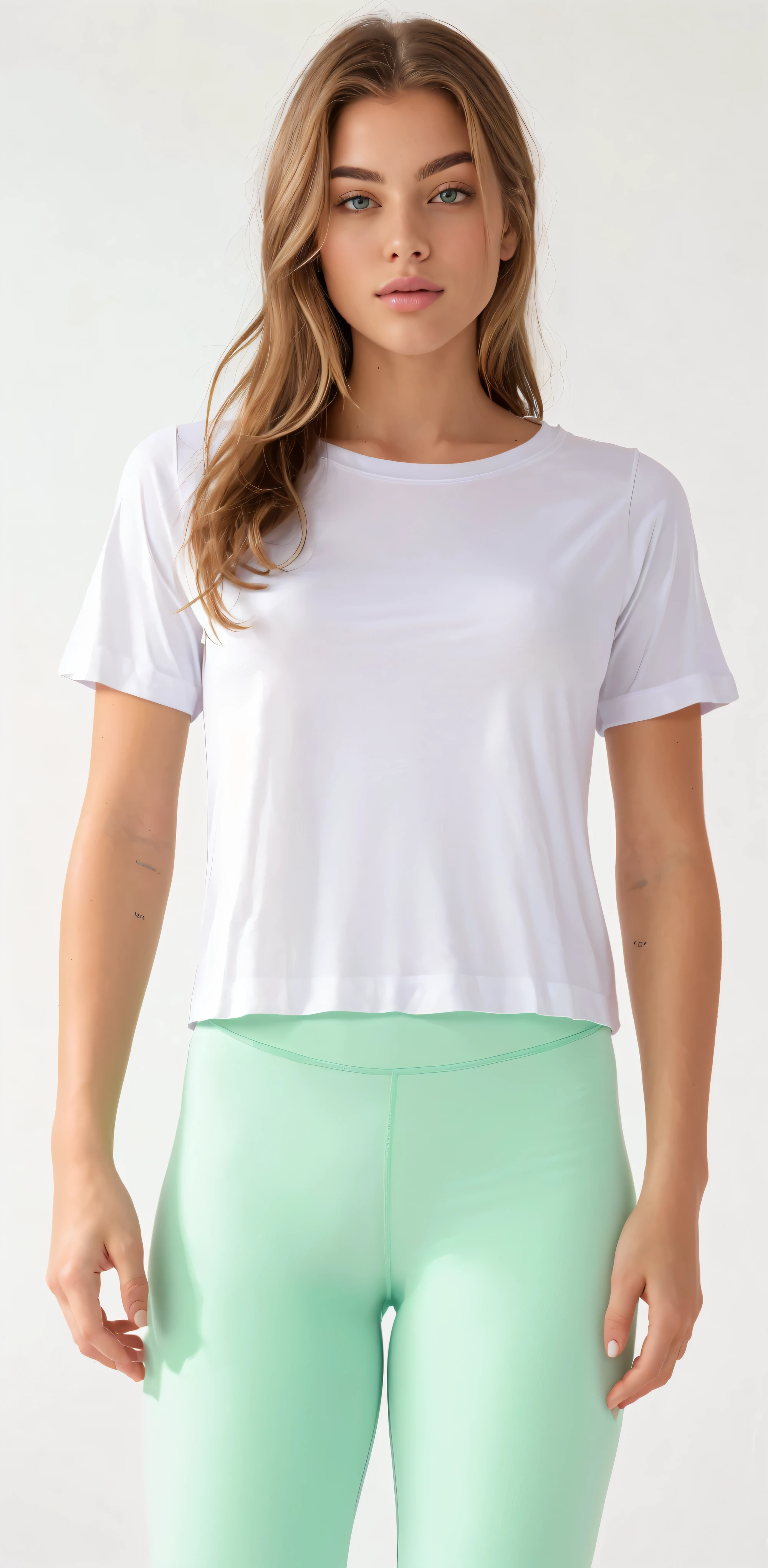 a woman in a white  shirt and green leggings, white undershirt, vestido com uma white undershirt, dressed in a white undershirt, white undershirt, white undershirt, White top, wearing a cropped tops, top cut, wearing a cropped top, top cut, plain white undershirt, wearing top cut, white  shirt, trendy white colored clothes
