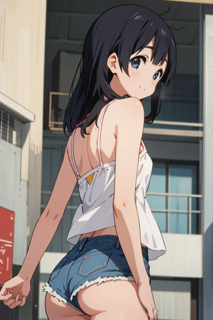  solo, 1girl, tamako kitashirakawa, , looking at viewer, smile, ,,outdoor,,camisole,denim shorts,ass,from back,(nsfw,from below:1.2)