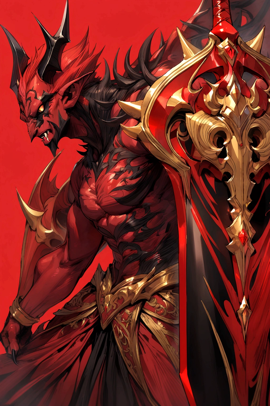 Male Devil, red hair, red and black clothing, red background, red bladed broadsword with golden handle,