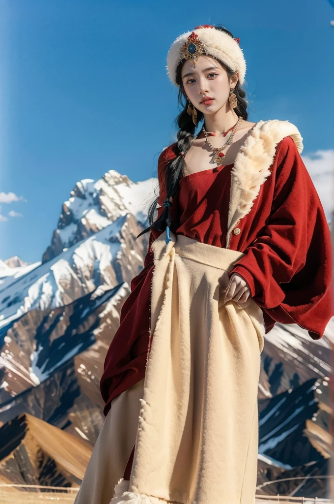 (masterpiece, best quality:1.2),red Tibetan clothing,1 Tibetan girl, blue sky, cloud, cloudy sky, day, earrings,Plush hat, horizon,Tibetan Earrings,jewelry,necklace, lips,snow mountain, outdoors, parted lips, red lips, solo,flat chest,upper body,standing,arms behind back