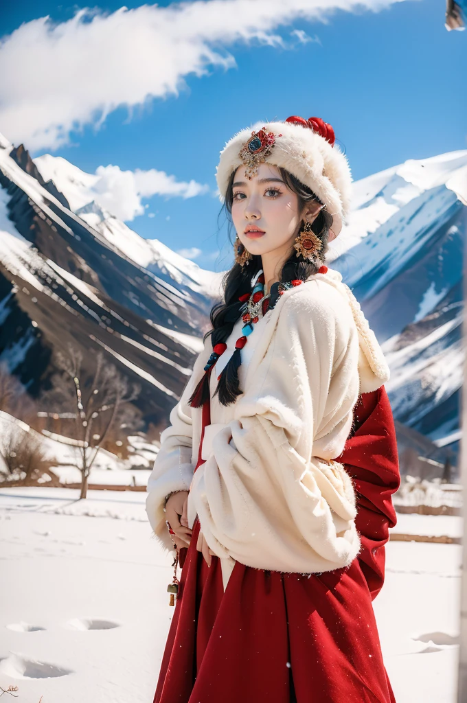 (masterpiece, best quality:1.2),red Tibetan clothing,1 Tibetan girl, blue sky, cloud, cloudy sky, day, earrings,Plush hat, horizon,Tibetan Earrings,jewelry,necklace, lips,snow mountain, outdoors, parted lips, red lips, solo,flat chest,upper body,standing,arms behind back