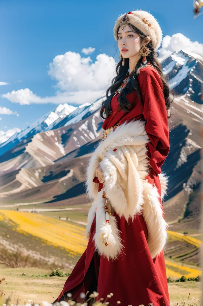 (masterpiece, best quality:1.2),red Tibetan clothing,1 Tibetan girl, blue sky, cloud, cloudy sky, day, earrings,Plush hat, horizon,Tibetan Earrings,jewelry,necklace, lips,snow mountain, outdoors, parted lips, red lips, solo,flat chest,upper body,standing,arms behind back