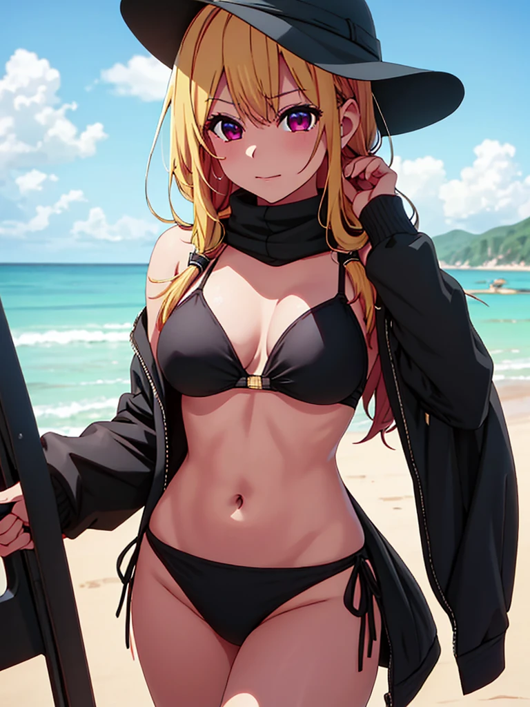 Ruby Hoshino , 1women, wearing a black colour sexy bikini, at a beach, blonde hair, 8k, high detailed, high quality