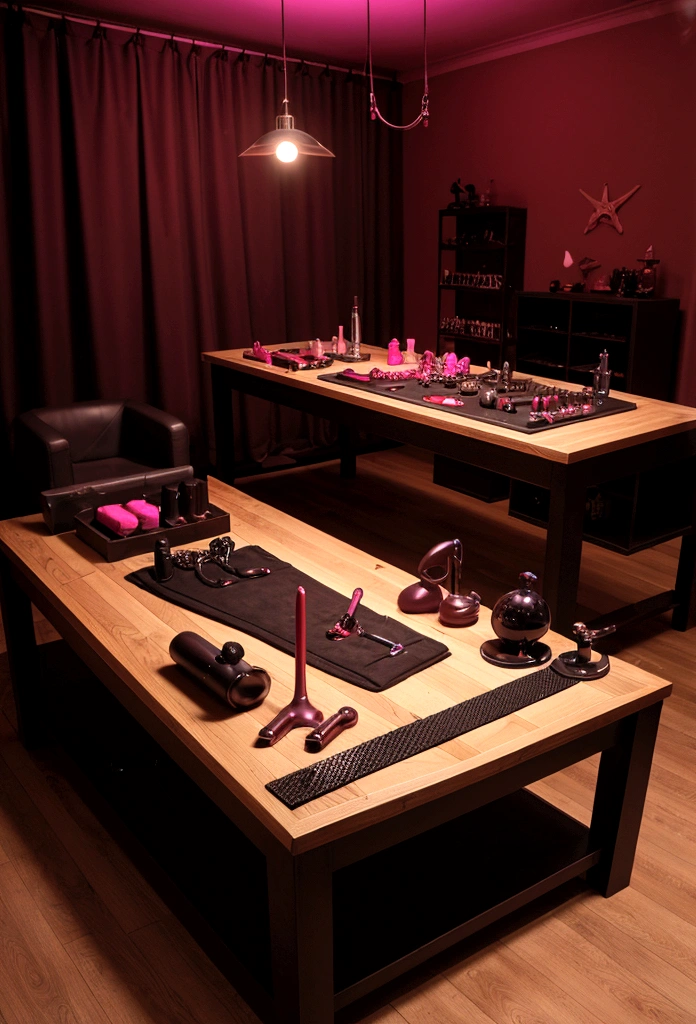 A central table in a BDSM studio with a selection of erotic toys, including vibrators of different shapes and sizes, small whips, and restraints, all illuminated by a soft, sensual light.