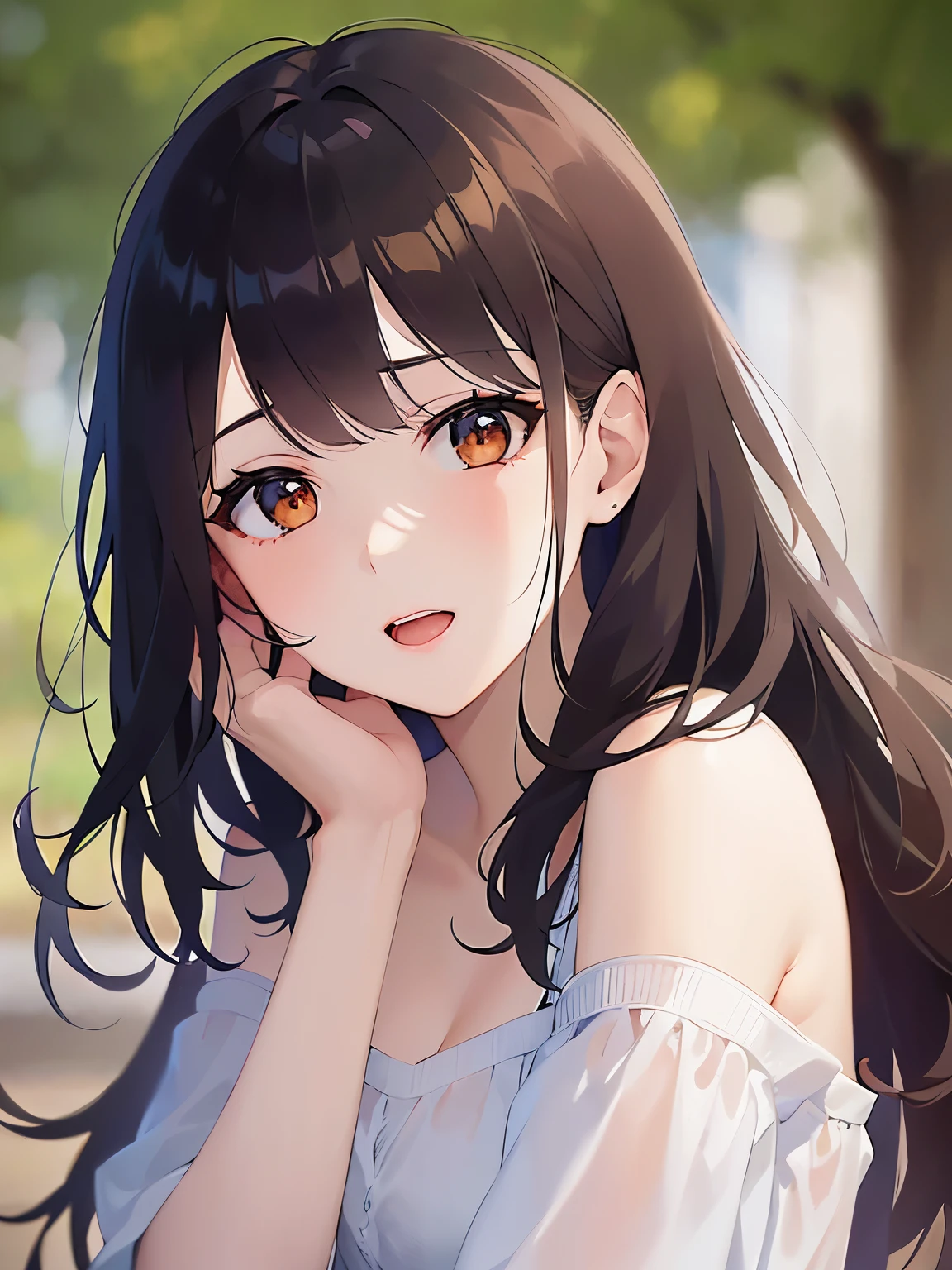 Biologically correct five fingers、Placing hand on cheek、Cleavage、Upper Body, Realistic, real person, (pale skin: 1.2), RAW photo, photorealistic, shiny skin, shiny hair、(A 25-year-old woman with medium-length hair and bangs) and (wavy hair) and (brown hair) and (orange eyes) , Wearing a white tank top 、smile, open mouth, The background is the living room、Alone、Are standing