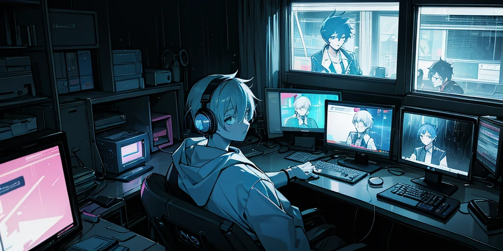 An gamer anime boy, looking at computer, so many neon lights, night, rain outside, cozy room, closed window, boy and computer is close to window, boy wears gamer headphone, boy is at left, high quality face and eyes
