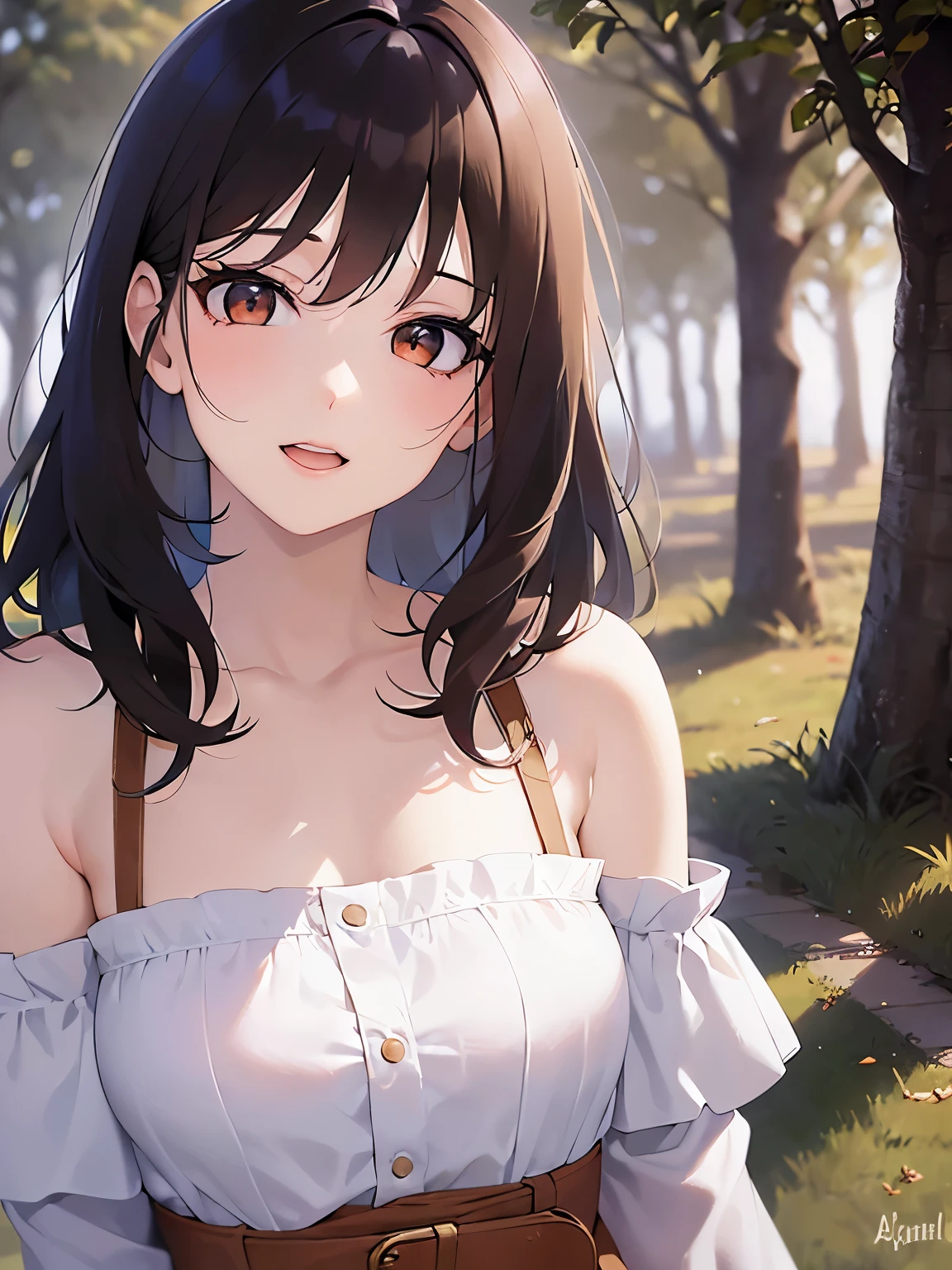 head tilt, Realistic, real person, (pale skin: 1.2), upper body, RAW photo, photorealistic, shiny skin, shiny hair、(A 35-year-old woman with medium-length hair and bangs) and (wavy hair) and (brown hair) and (Orange Eyes) , (white:1.5) and (off shoulder blouse) 、smile, open mouth, The background is a park、Alone、Are standing