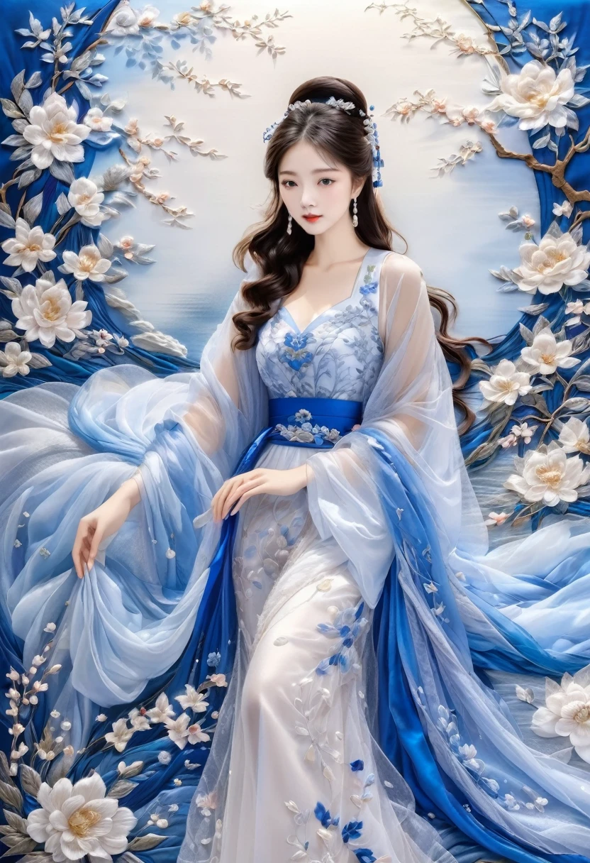 embroidery,Three-dimensional embroidery,(A picture of blue ornate Suzhou embroidery hangs on the wall),blue-white petals, Silk material embroidery, Inspired by Yao Jianping’s dream of Su embroidery works,translucent,abundant cleavage,painting on silk, alcohol ink art