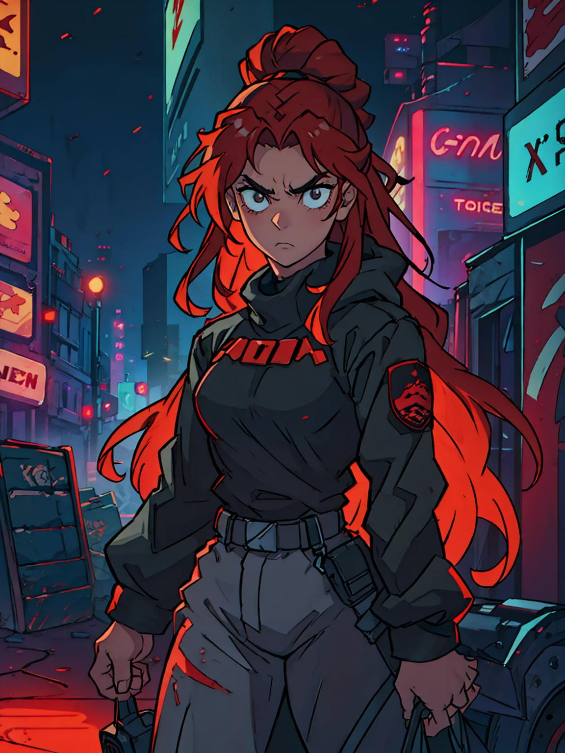 A cinematographic scene of a serious badass long red hair girl with black techwear clothes, Neon lights and buildings background