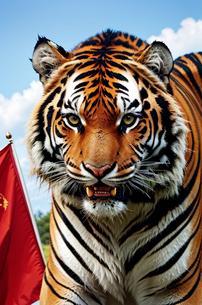Aggressive Tiger painting in red flag