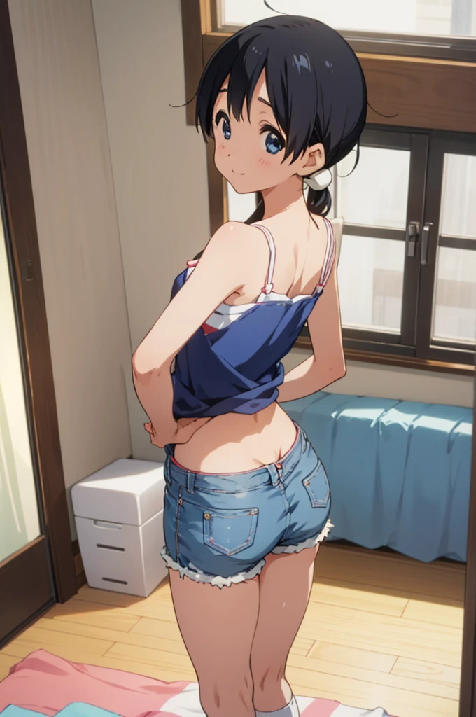  solo, 1girl, tamako kitashirakawa, , looking at viewer, smile, ,,my room,socks,camisole,denim shorts,((ass)),from back,(cute hip,sexy hip,small hip)