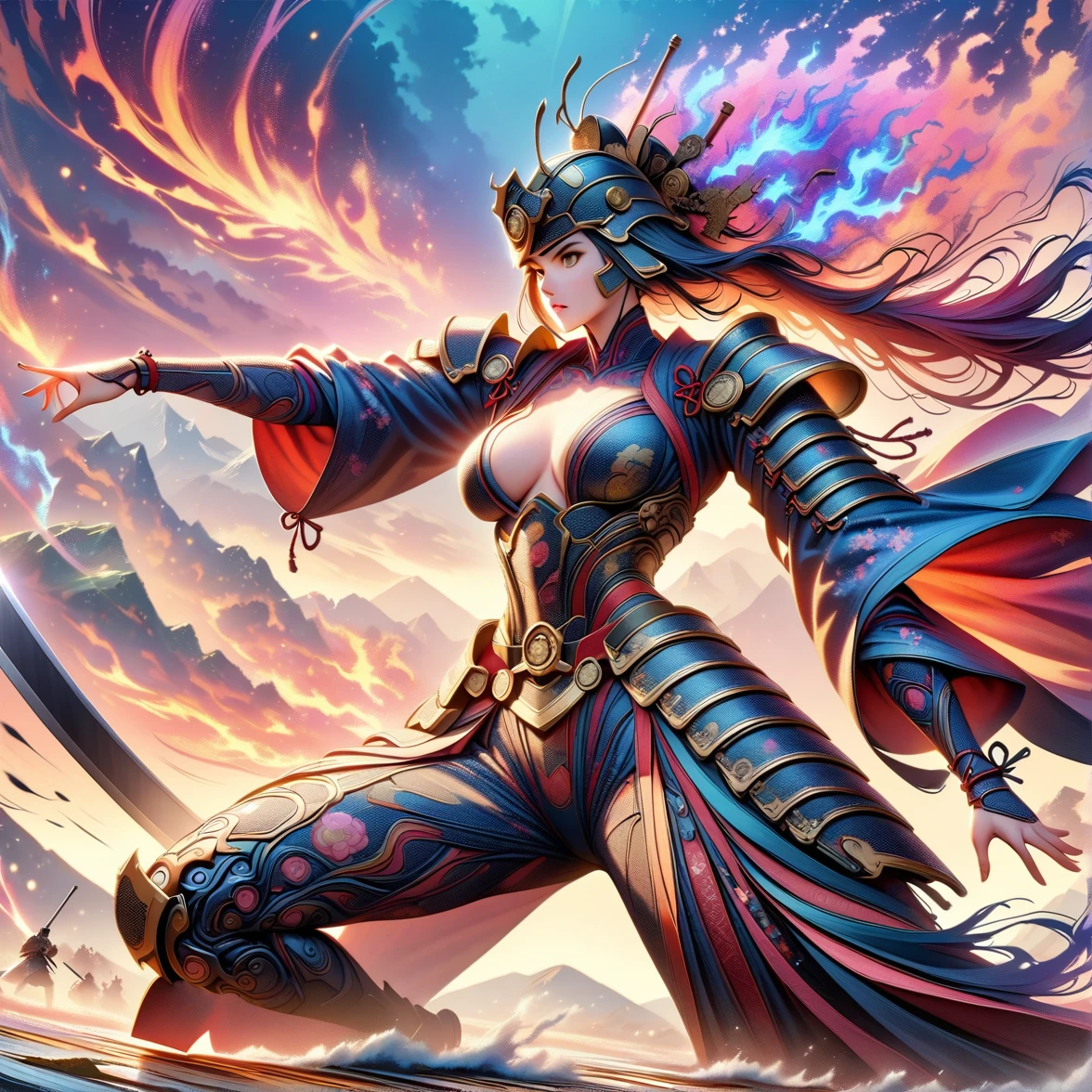 painting-like ((Japan Samurai for women),field of battle,dynamic poses,Longsword,armors,fiery sky,mountain bottom,crazy details,details Intricate,High definition,8K,((anatomically correcte))