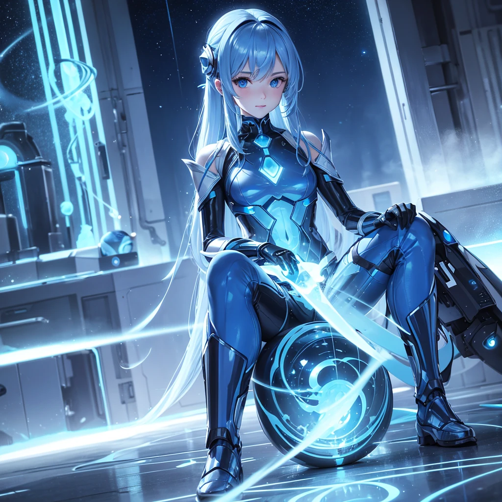 8K, Highest quality, (real:1.4), Original photo, 1 girl, Asari Hair, Biological Amplifier, Very sleek and futuristic armor, posture: Peace talks between warring factions,,attention arousal, smart blue eyes,A modest smile,Knee-high boots,Patent-look blue tights,Blue big moon and blue light swirl in the background,Blue light from behind,blue light magic,A small, glowing blue ball in the palm of your hand,Blue flame swirl,Blue Comet,Polished floor,