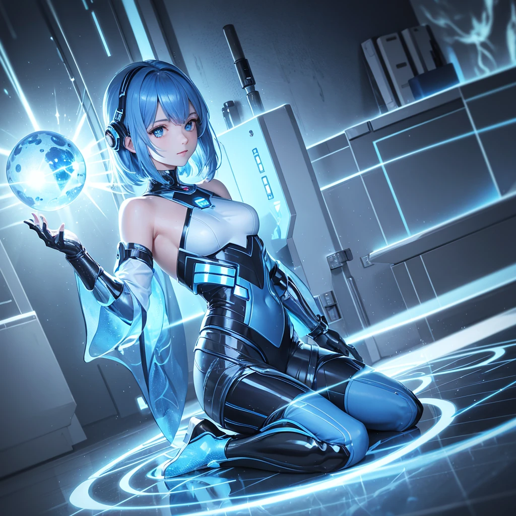 8K, Highest quality, (real:1.4), Original photo, 1 girl, Asari Hair, Biological Amplifier, Very sleek and futuristic armor, posture: Peace talks between warring factions,,attention arousal, smart blue eyes,A modest smile,Knee-high boots,Patent-look blue tights,Blue big moon and blue light swirl in the background,Blue light from behind,blue light magic,A small, glowing blue ball in the palm of your hand,Blue flame swirl,Blue Comet,Polished floor,