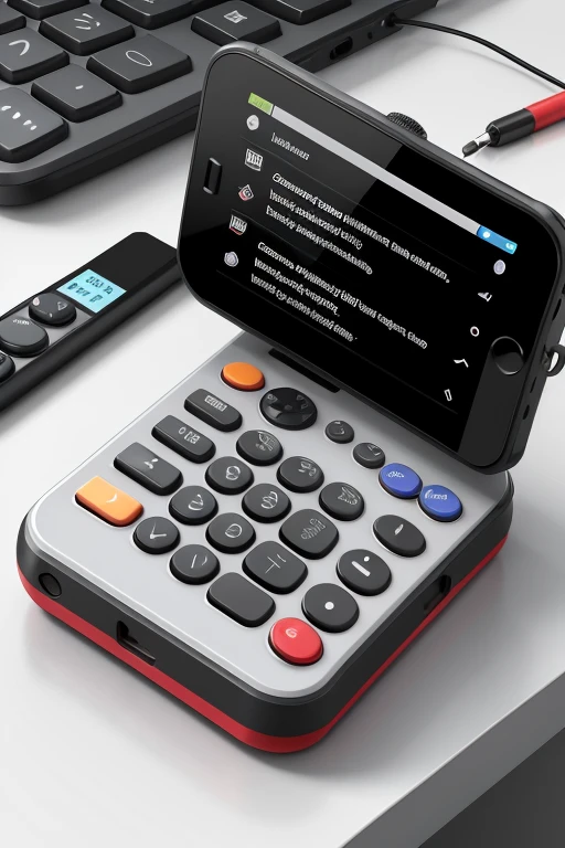 Create an illustration of a prototype electronic remote communications device that has a trigger button to call EMS and has triage buttons with color levels, plus a radio communicator.