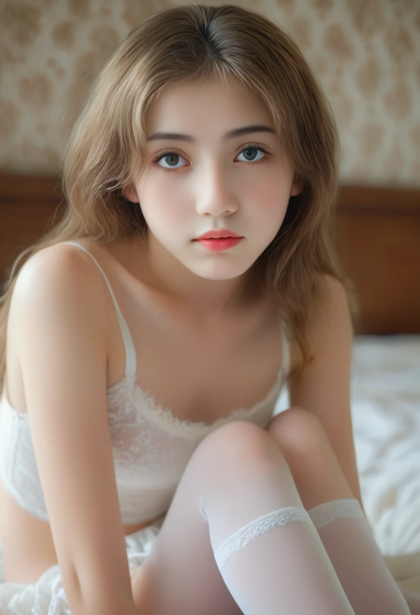 A pretty young woman photo, solo, 12 years old, masterpiece, best quality, depth of field, bokeh, ultra realistic, photorealistic, RAW photography, extremely high resolution, amazingly high detailed eyes and face, adorable, ray tracing, spreaded legs towards camera , wears white tights and white skirt, no underwear, while seated on the bed, small, , cute, shy, wet, full body, sexy, , innocent, naked, show pussy