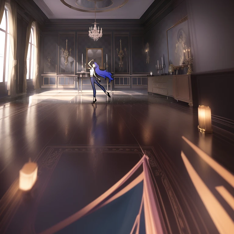 A woman in a blue dress is dancing in the room, Background of the ball, Inspired by the Adélaïde Victoire Hall, Elegant cinematic pose, Elegant digital art, anime key visual of elegant, Royal elegant pose, Madhouse Studios Anime Style, In their noble mansions, Dancing in the background, 2D Art, 2D Art