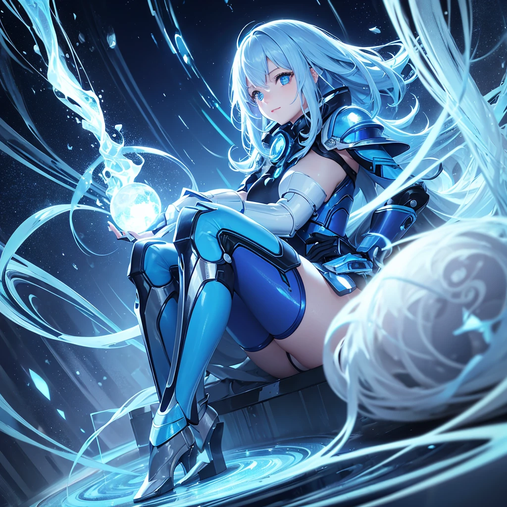 8K, Highest quality, (real:1.4), Original photo, 1 girl, Asari Hair, Biological Amplifier, Very sleek and futuristic armor, posture: Peace talks between warring factions,,attention arousal, smart blue eyes,A modest smile,Knee-high boots,Patent-look blue tights,Blue big moon and blue light swirl in the background,Blue light from behind,blue light magic,A small, glowing blue ball in the palm of your hand,Blue flame swirl,Blue Comet,Polished floor,