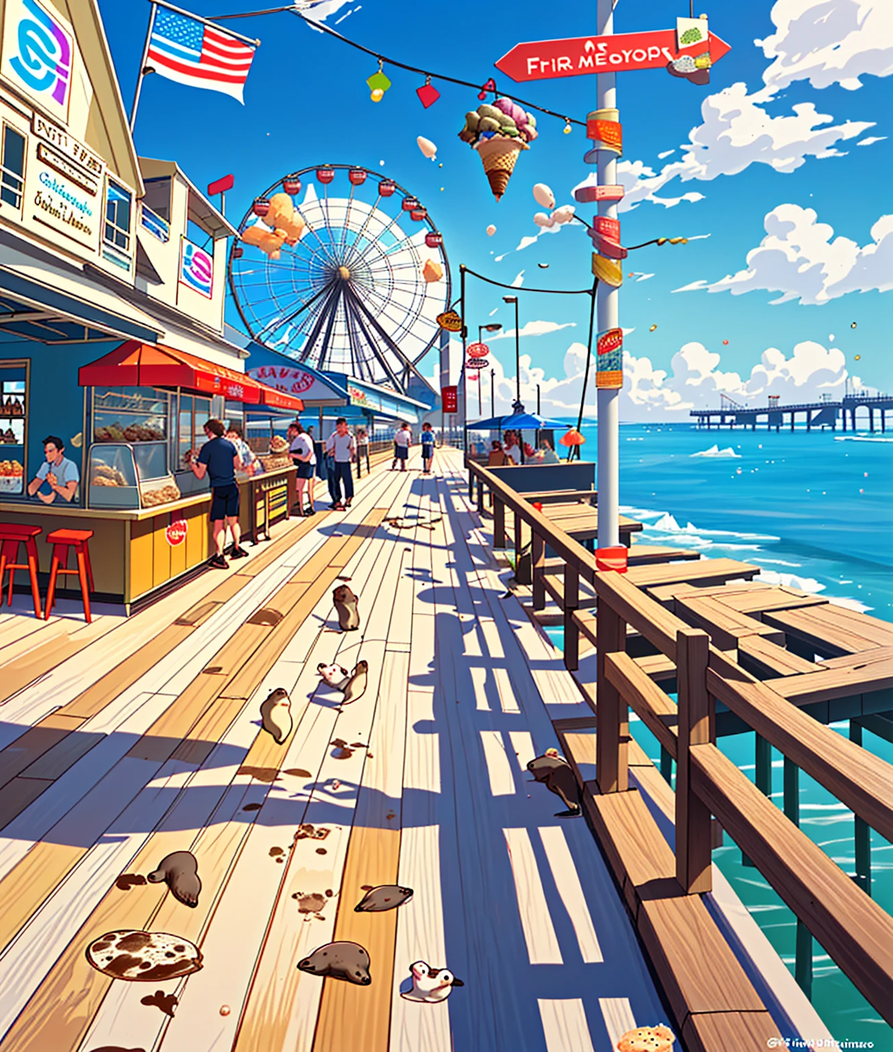 pier with seals, seals by the water, promenade, restaurants, street ice cream, ice cream stand, photo booth, seals, seals, lots of flying seals, rides, large Ferris wheel