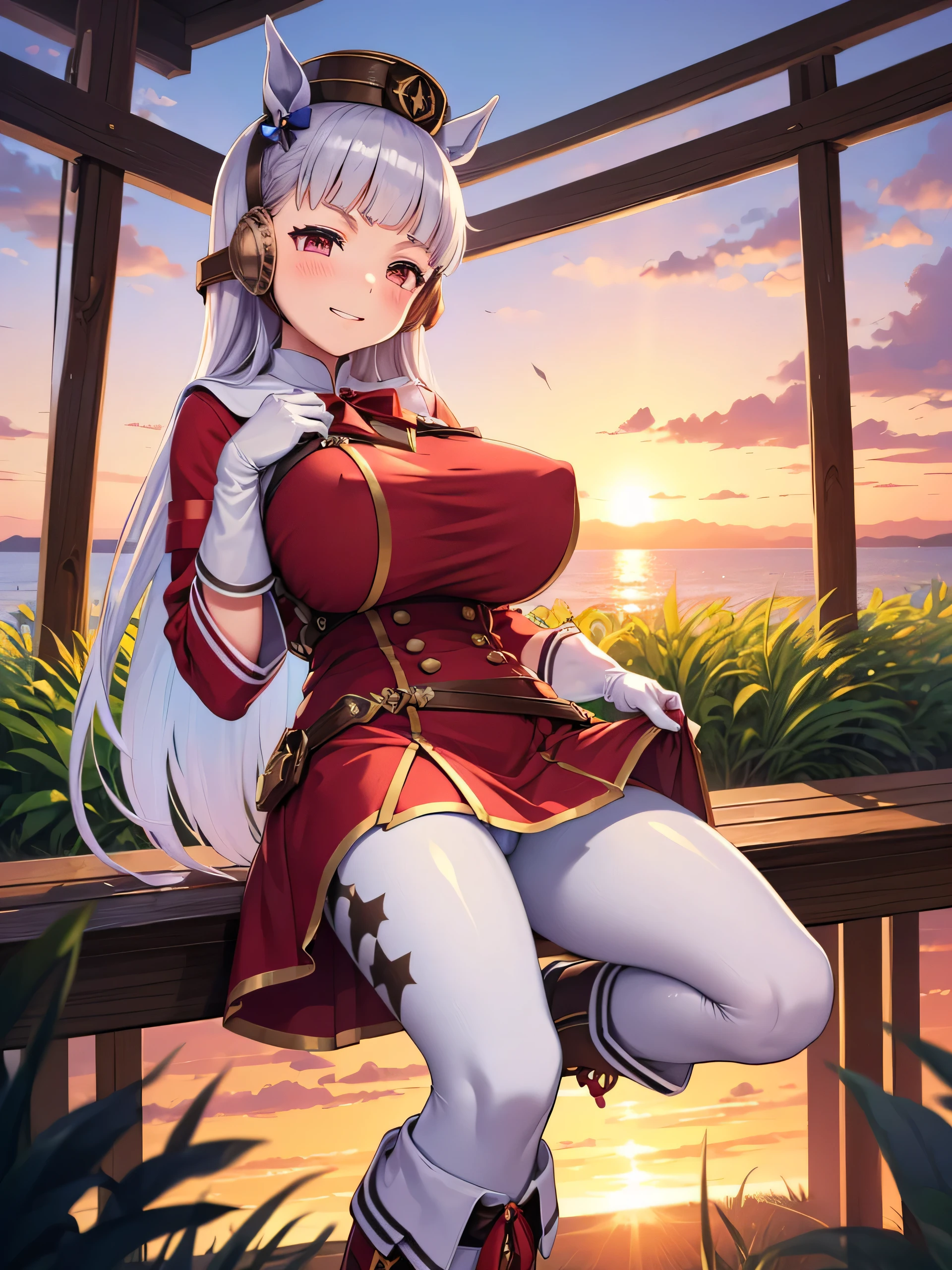 (masterpiece, Highest quality:1.2), alone, One girl, umpd gold ship, pillbox hat,Red dress,No sleeve, White Pantyhose, White gloves、boots, Horse tail,、grassland、Nature、blush、LOL、Wow smile、summer、Sunset、(Huge breasts:1.2)、Nipples are visible、Clothes are see-through、Naughty pose、Lift your legs、Leg spread、Pantyhose bite、See-through pussy、、Kindergarteners、、、、の小さな体
