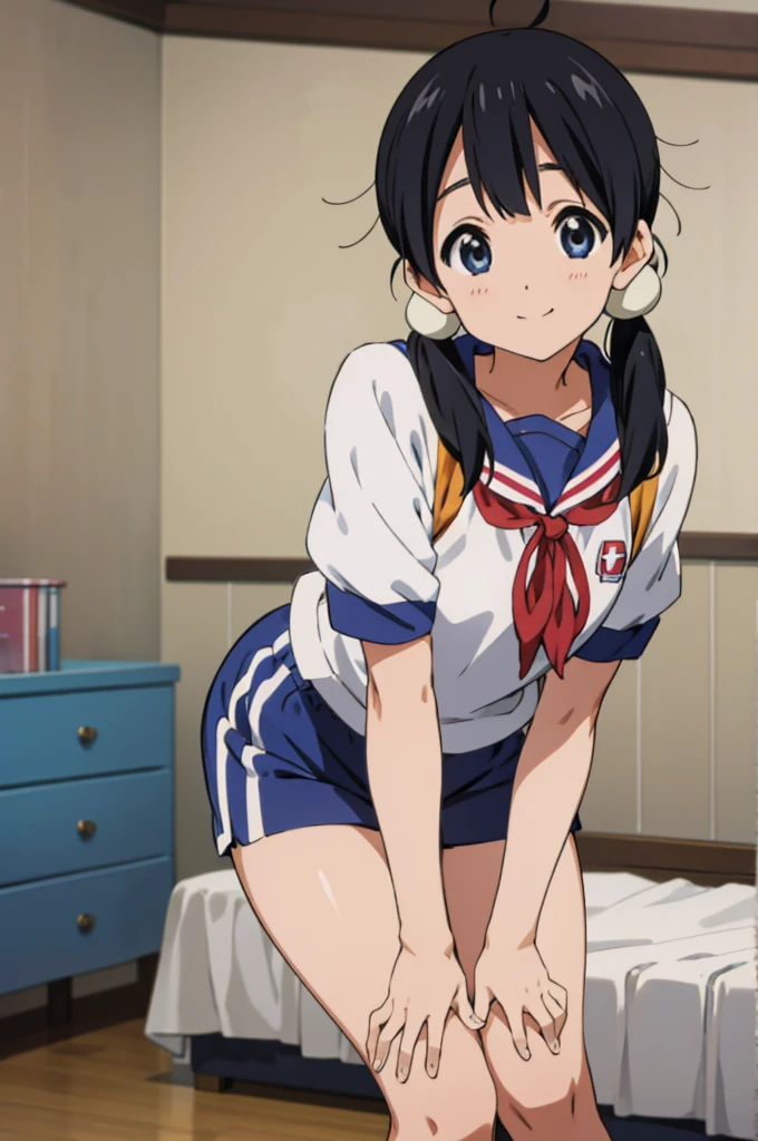  solo, 1girl, tamako kitashirakawa, , looking at viewer, smile, ,school gym shirts,school gym shorts,buruma,my room