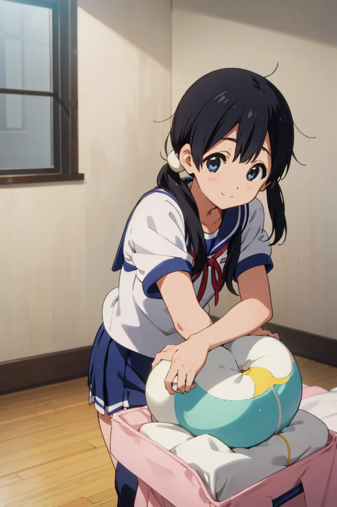  solo, 1girl, tamako kitashirakawa, , looking at viewer, smile, ,school gym shirts,school gym shorts,buruma,my room