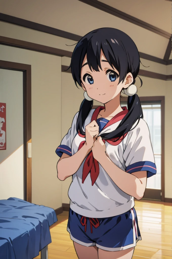  solo, 1girl, tamako kitashirakawa, , looking at viewer, smile, ,school gym shirts,school gym shorts,buruma,my room