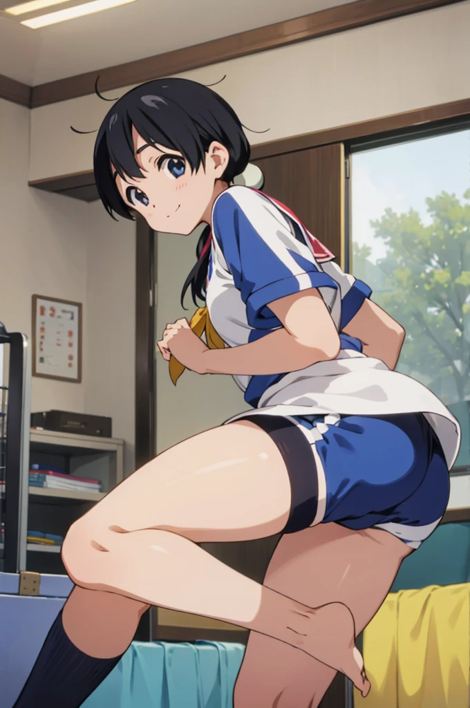  solo, 1girl, tamako kitashirakawa, , looking at viewer, smile, ,school gym shirts,school gym shorts,buruma,my room