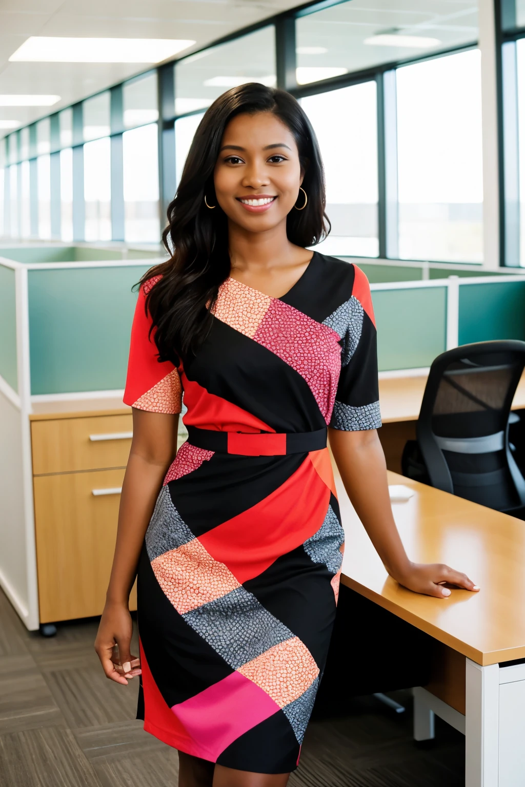 photo realistic office woman in her late twenties, she is black and has medium length hair who is wearing wearing a colourful dress with a modern open plan office as the background, she is looking at the camera