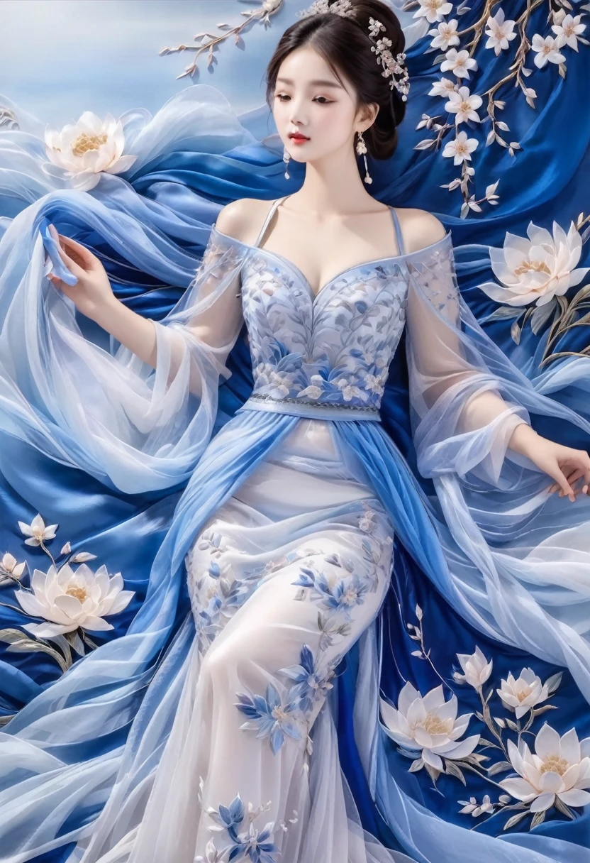 embroidery，Three-dimensional embroidery，(A picture of blue ornate Suzhou embroidery hangs on the wall）,blue-white petals, Silk material embroidery, Inspired by Yao Jianping’s dream of Su embroidery works，translucent，abundant cleavage,painting on silk, alcohol ink art